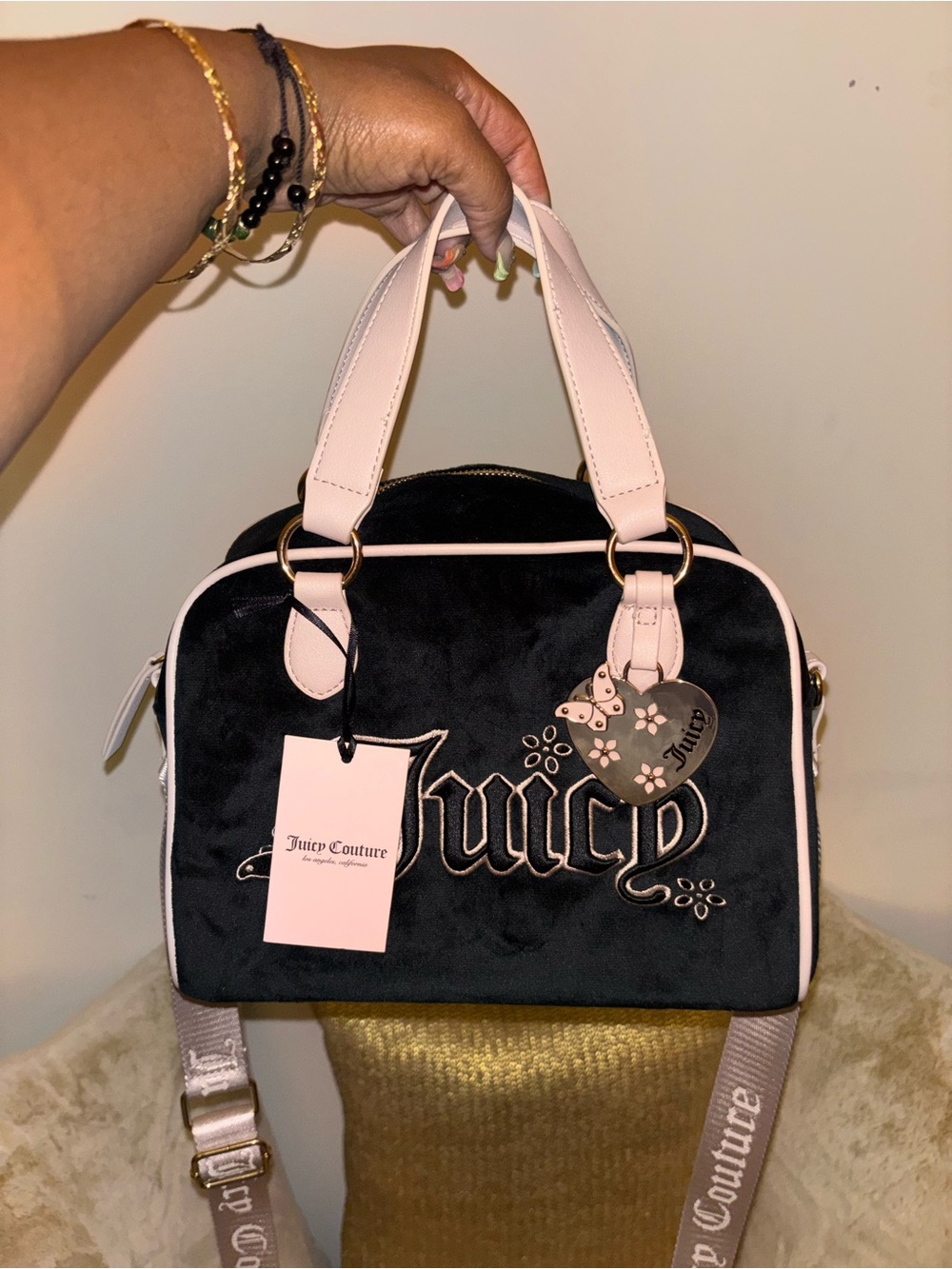 Juicy Couture Black Velvet Satchel with Light Pink Trim & Heart Charm